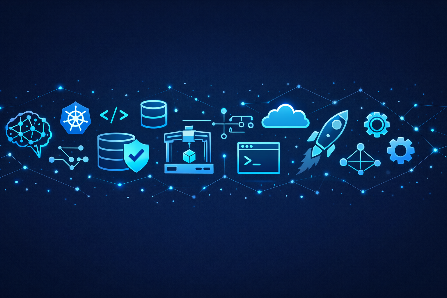 Illustration vernetzter Technologie-Icons, die die Themenvielfalt des attempto Lab darstellen