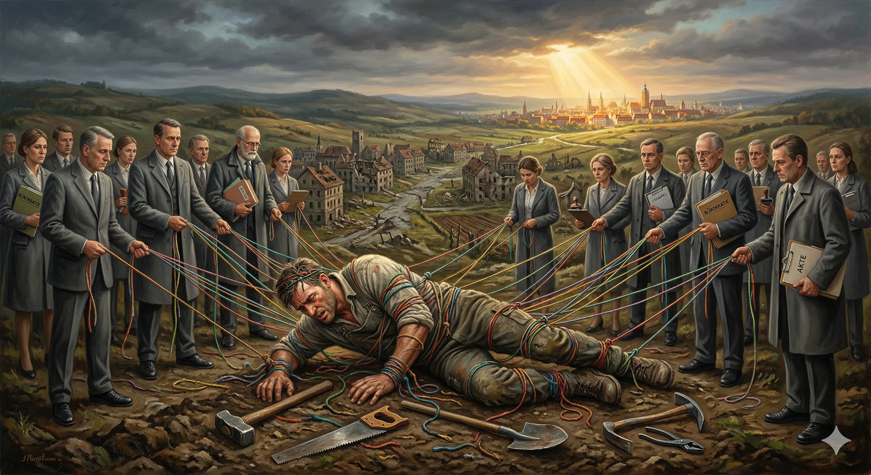 A Maker lies bound on the ground by many little ropes