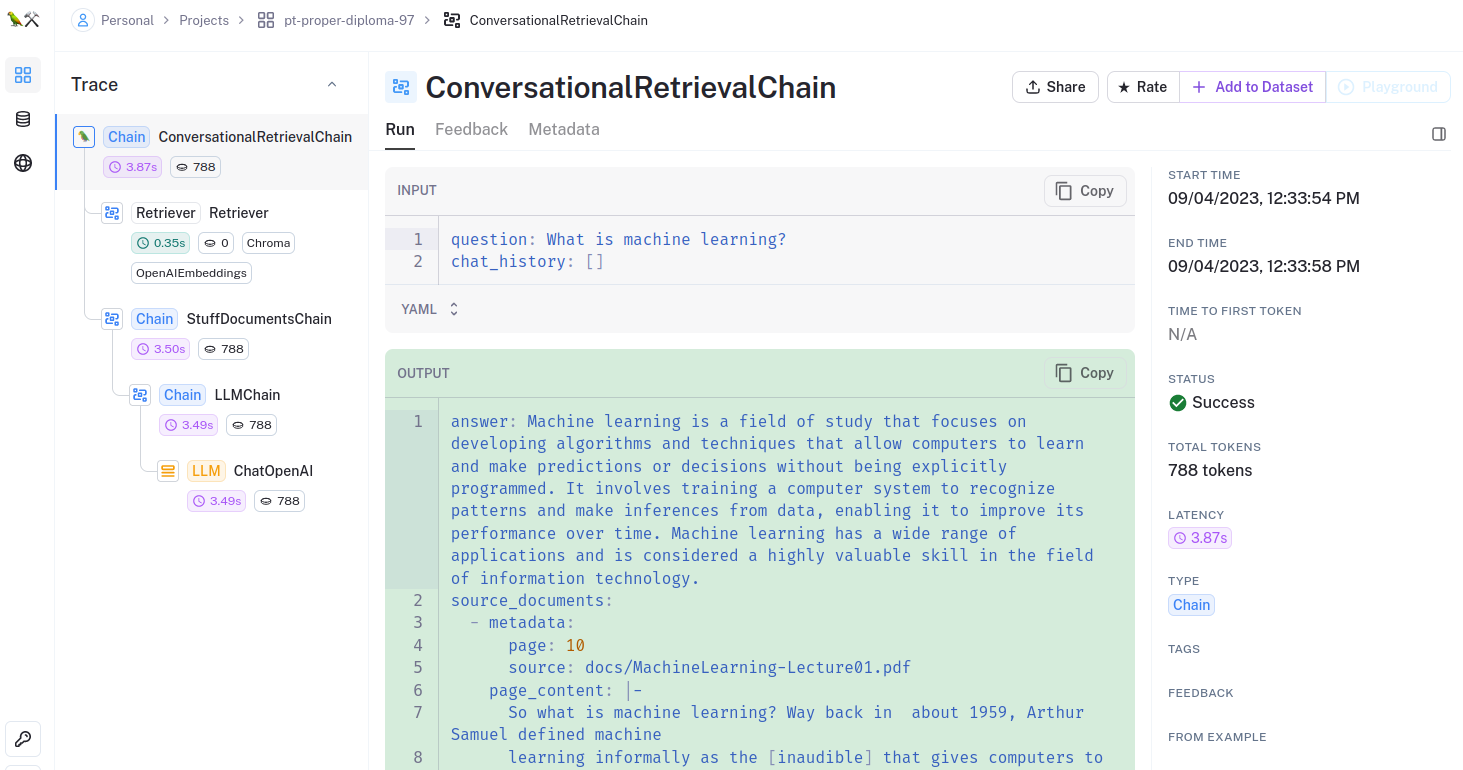 Trace of LangChain execution