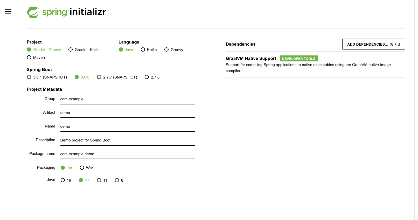 Spring Initializr with native
